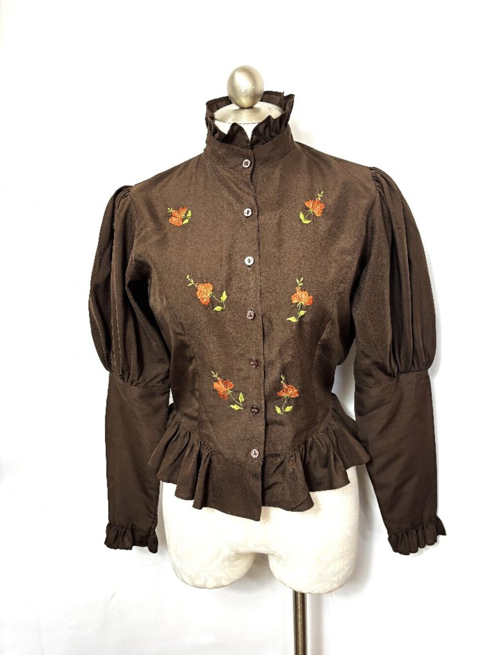 Vtg 70’s Victorian Leg O Mutton Sleeve Dark Chocolate Brown Blouse Sz small